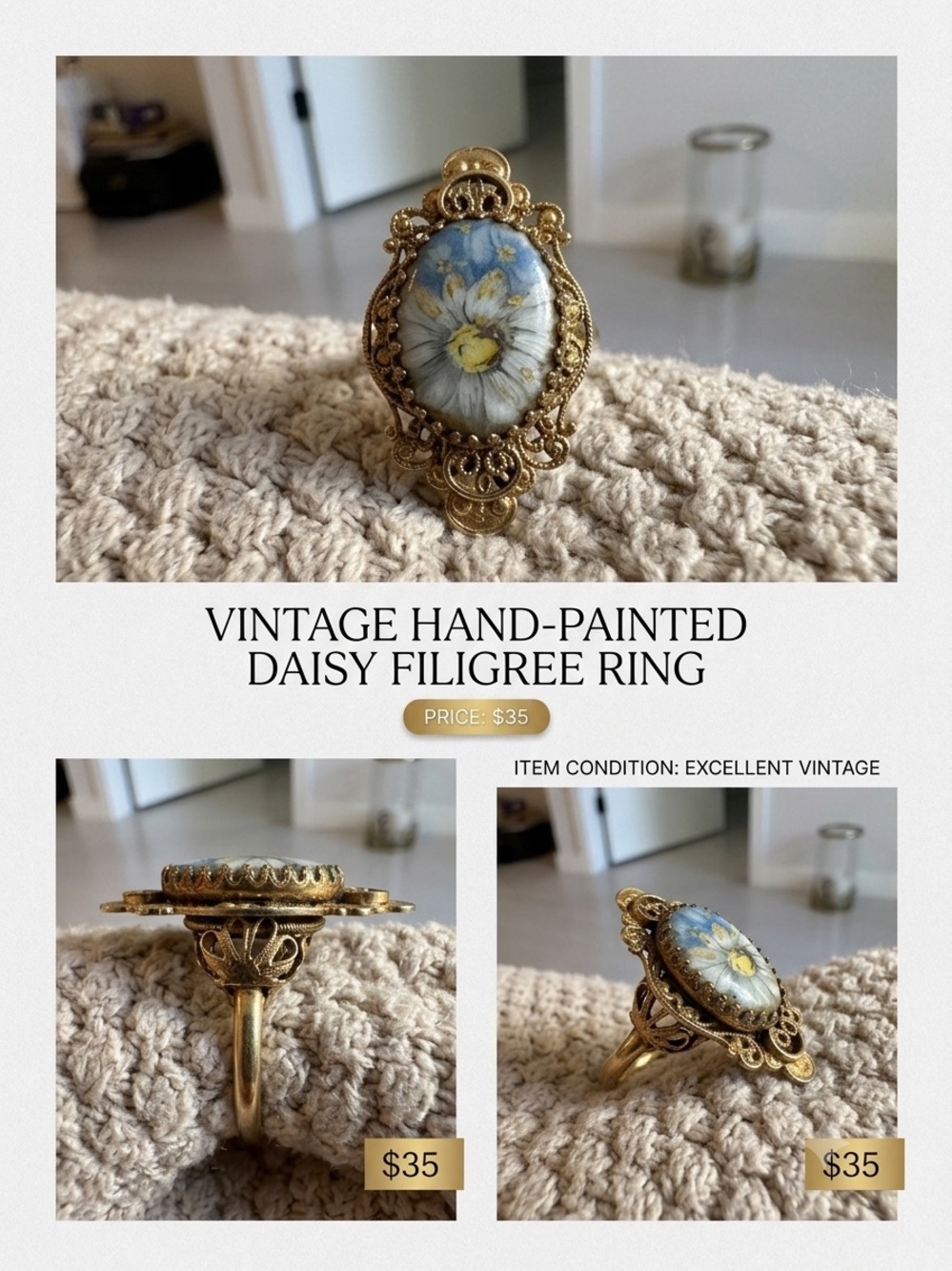 Hand-Painted Daisy Filigree Ring in Gold Tone